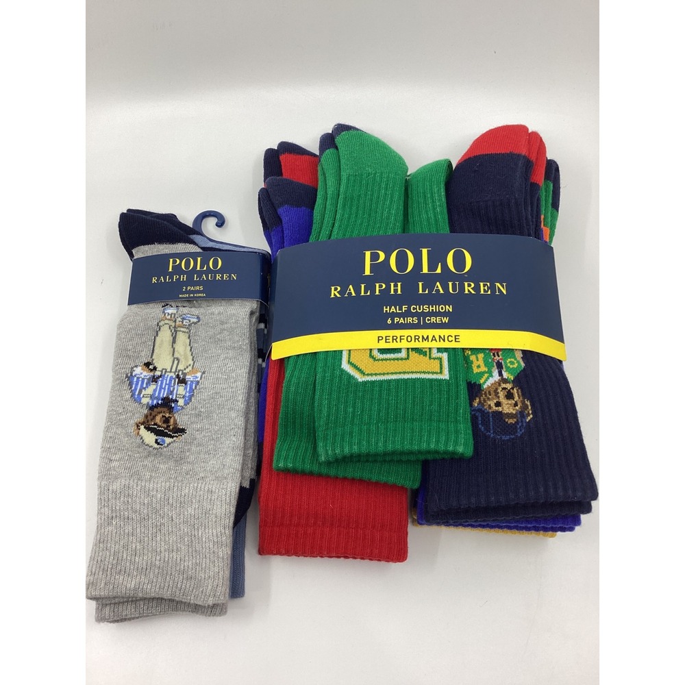 Polo Ralph Lauren Mens 8 Pair Crew Socks Bear Performance Half Cushion 6-12.5